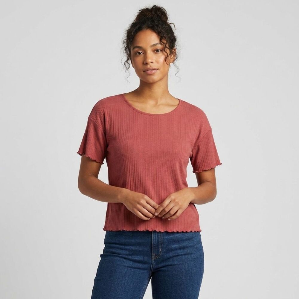 Garnet Hill Wine Mauve Pink Knit Top Short Sleeves Lettuce Hem Medium Ribbed